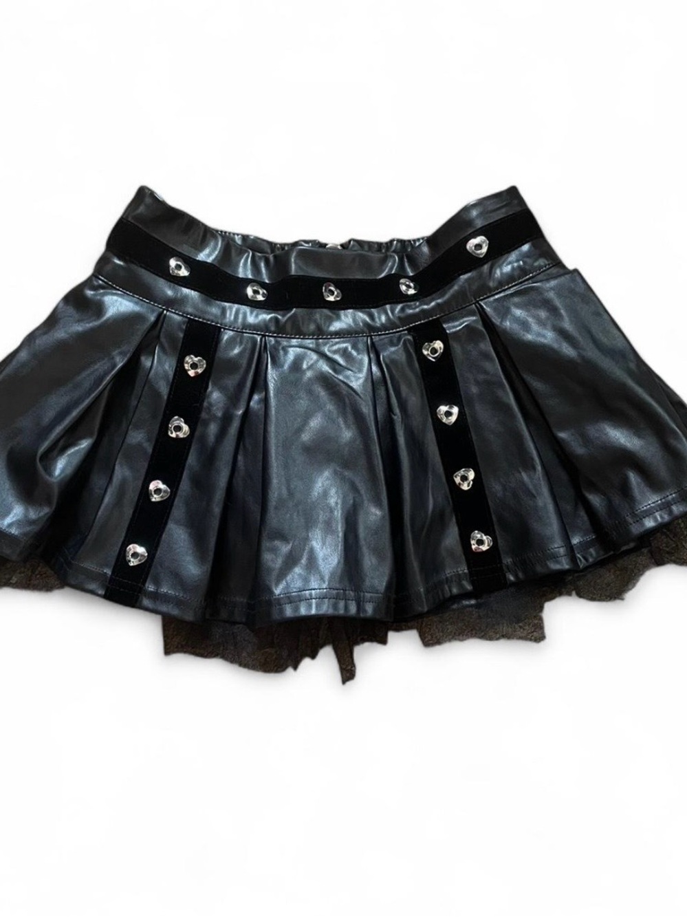 Black Faux Leather Pleated Mini Skirt with Heart Studs